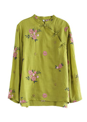 Fitted Yellow Mandarin Collar Floral Embroideried Linen Blouse Top Long Sleeve