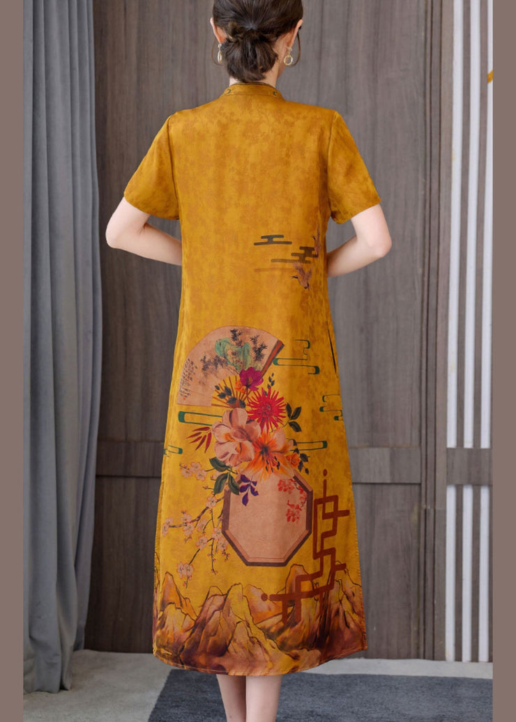 Fitted yellow flower Mandarin Collar Print Pockets Silk Long Dresses Short Sleeve