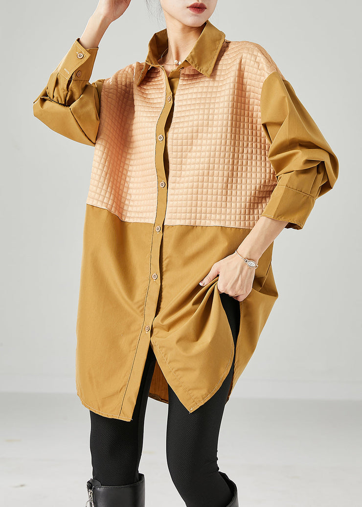 Fitted Yellow Oversized Patchwork Cotton Shirt Tops Fall