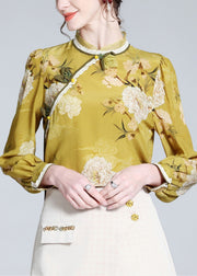 Fitted Yellow Stand Collar Print Silk Shirts Spring