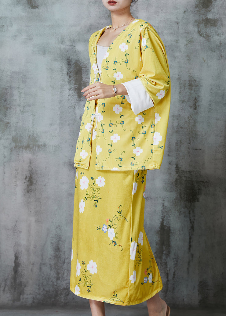 Fitted Yellow Tasseled Floral Silk Velvet Two Pieces Set Spring