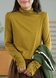 Fitted Yellow Turtle Neck Wrinkled Cotton Top Fall