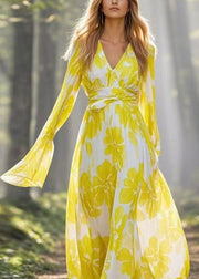 Fitted Yellow V Neck Print Chiffon Vacation Dresses Flare Sleeve