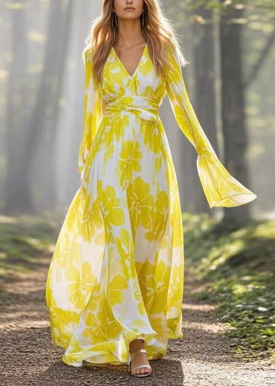 Fitted Yellow V Neck Print Chiffon Vacation Dresses Flare Sleeve