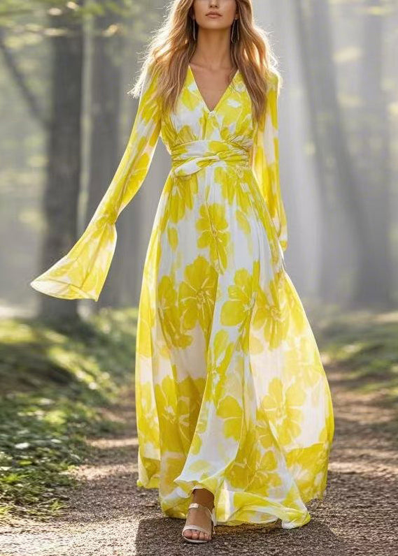 Fitted Yellow V Neck Print Chiffon Vacation Dresses Flare Sleeve