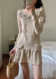 Floral Apricot Hollow Out Patchwork Knit Mid Dress Winter