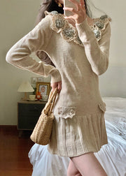 Floral Apricot Hollow Out Patchwork Knit Mid Dress Winter