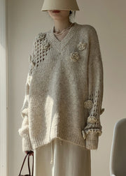 Floral Apricot V Neck Hollow Out Cotton Knit Sweater Winter