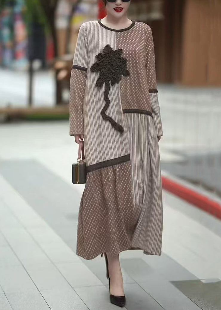 Floral Beige Asymmetrical Patchwork Long Dresses Winter