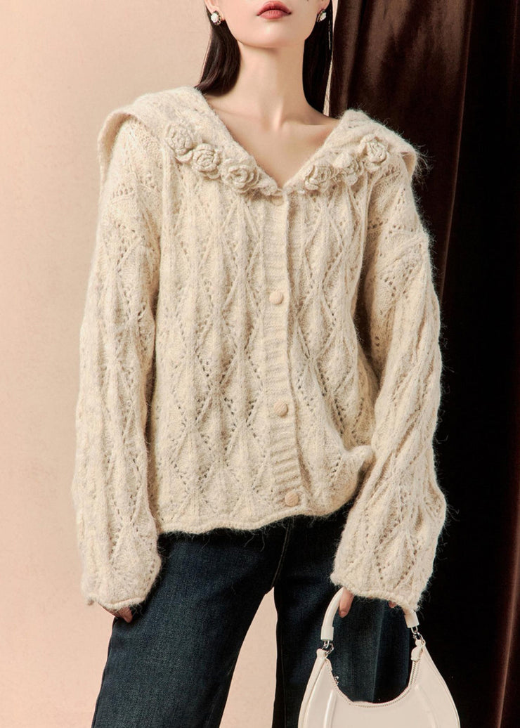 Floral Beige Button Hollow Out Knit Sweaters Spring