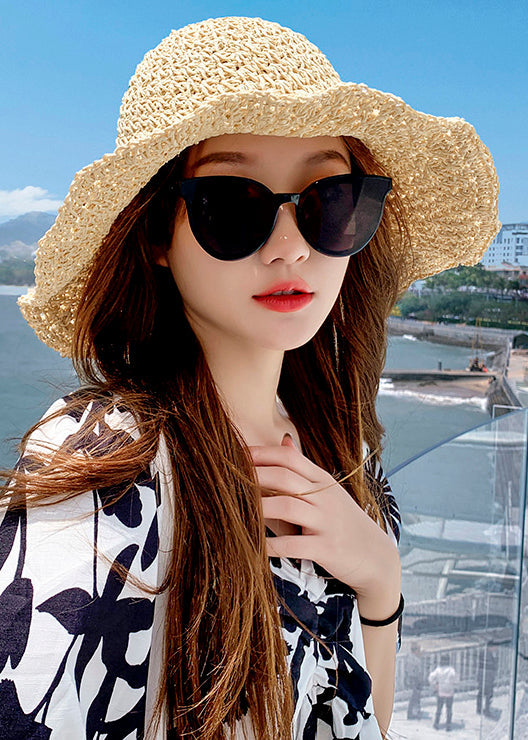 Floral Beige Hollow Out Straw Woven Floppy Sun Hat