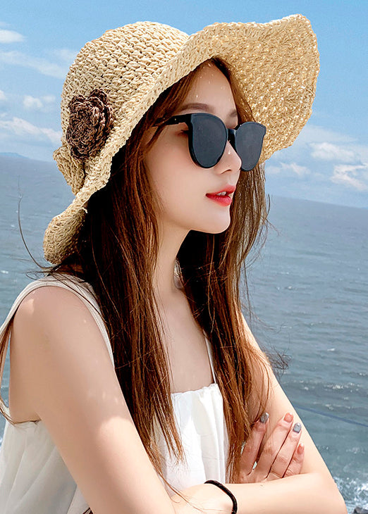 Floral Beige Hollow Out Straw Woven Floppy Sun Hat