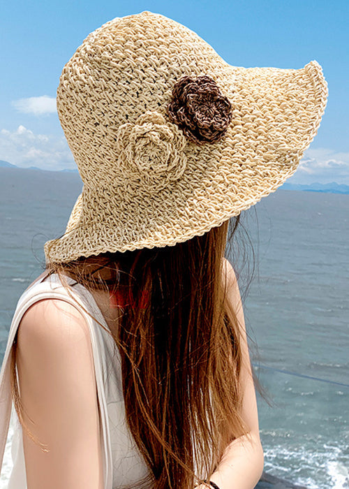 Floral Beige Hollow Out Straw Woven Floppy Sun Hat