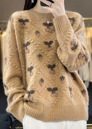 Floral Beige O Neck Cozy Cotton Knit Sweaters Long Sleeve