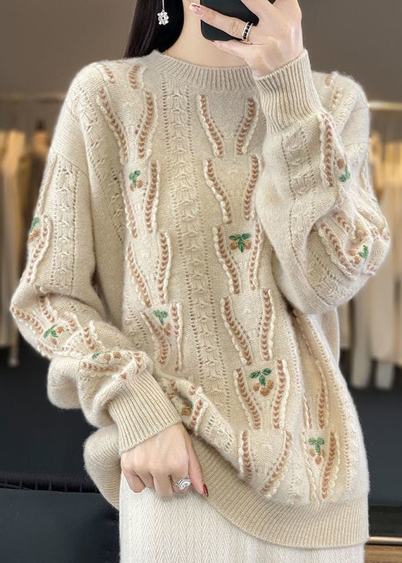 Floral Beige O Neck Hollow Out Cozy Wool Sweaters Spring