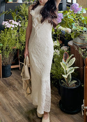 Floral Beige O-Neck Side Open Silk Long Dresses Sleeveless
