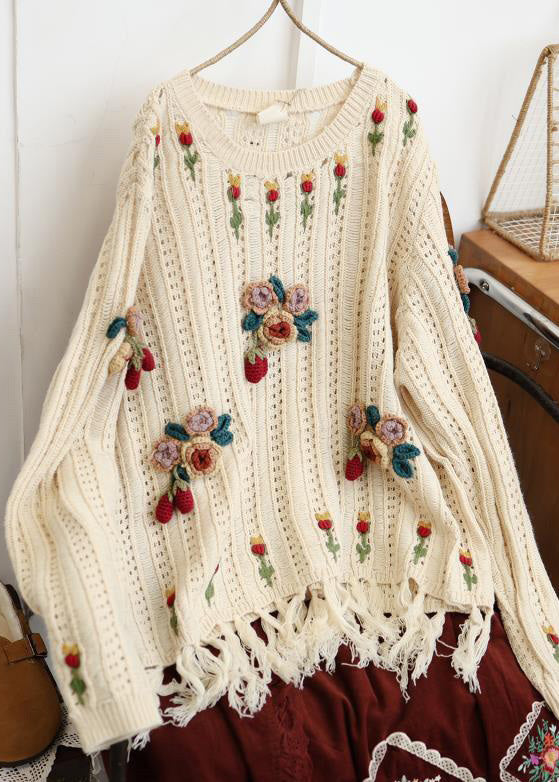 Floral Beige Tasseled Hollow Out Knit Sweaters Spring