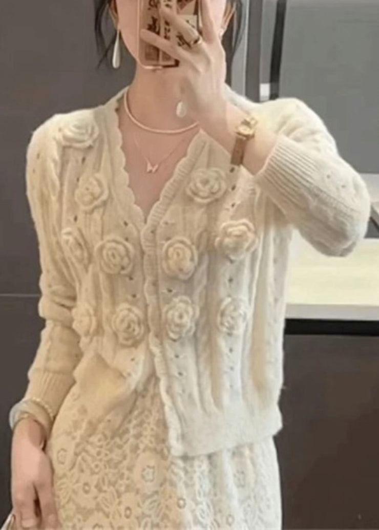 Floral Beige V Neck Hollow Out Knit Cardigans Spring