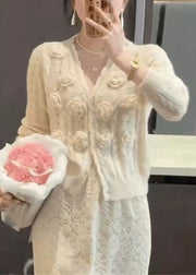 Floral Beige V Neck Hollow Out Knit Cardigans Spring