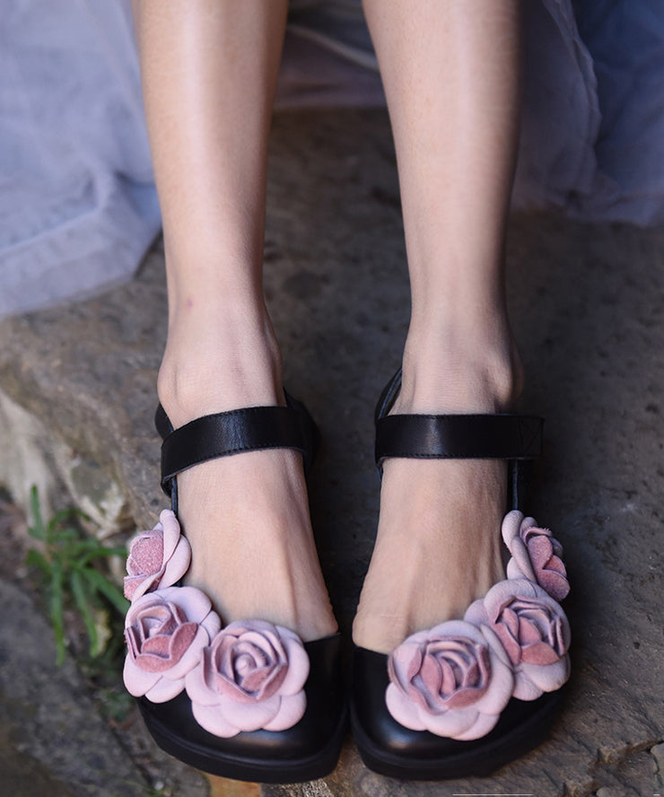 Floral Black Buckle Strap Splicing Leather Upper Baotou Walking Sandals