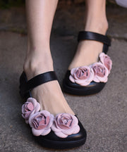 Floral Black Buckle Strap Splicing Leather Upper Baotou Walking Sandals