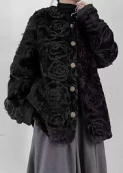 Floral Black O-Neck Button Fuzzy Fur Fluffy Coats Spring