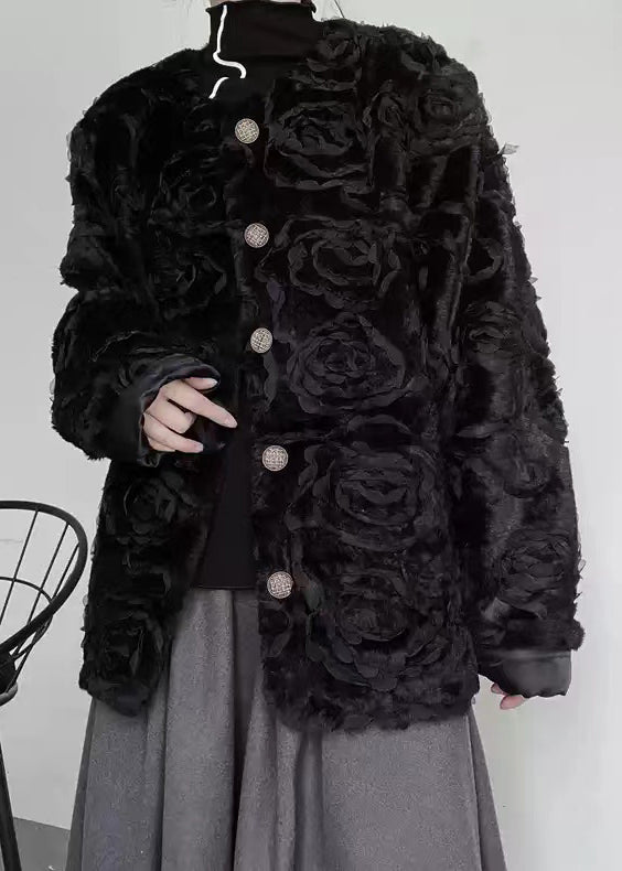 Floral Black O-Neck Button Fuzzy Fur Fluffy Coats Spring