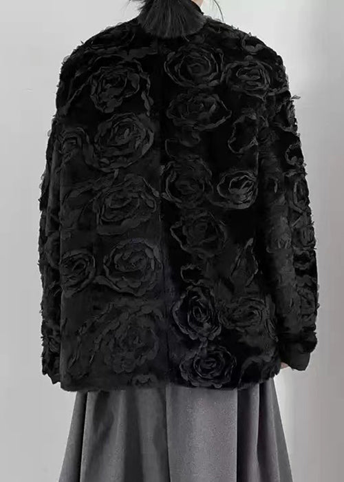 Floral Black O-Neck Button Fuzzy Fur Fluffy Coats Spring