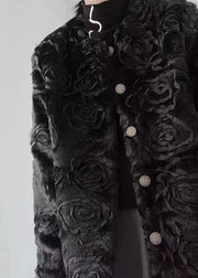 Floral Black O-Neck Button Fuzzy Fur Fluffy Coats Spring