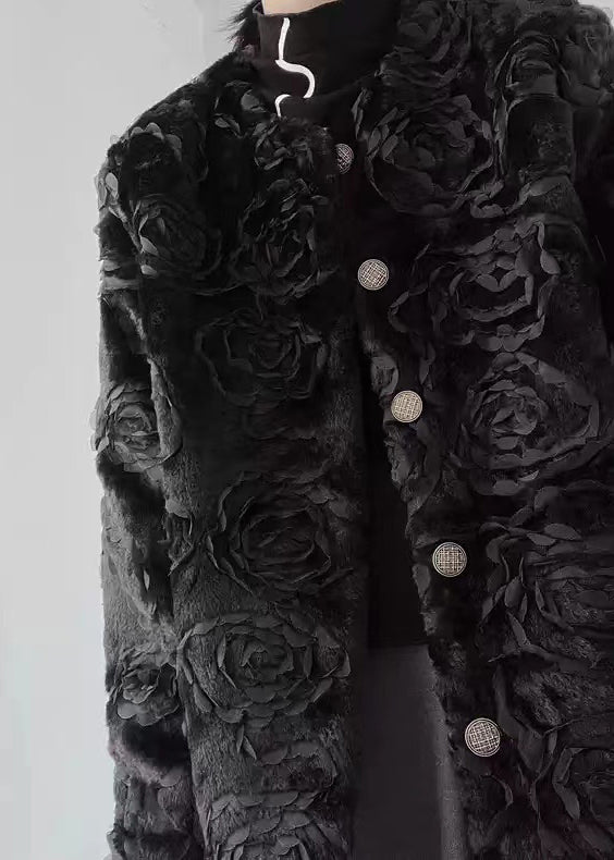 Floral Black O-Neck Button Fuzzy Fur Fluffy Coats Spring