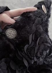 Floral Black O-Neck Button Fuzzy Fur Fluffy Coats Spring