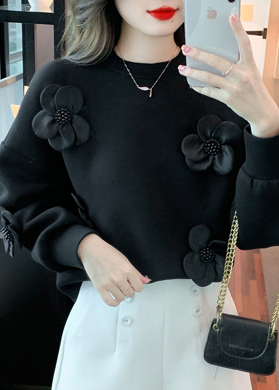 Floral Black O Neck Solid Patchwork Cotton Sweatshirt Spring