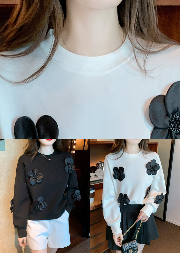 Floral Black O Neck Solid Patchwork Cotton Sweatshirt Spring