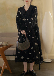 Floral Black Peter Pan Collar Embroideried Cotton Long Dress Spring