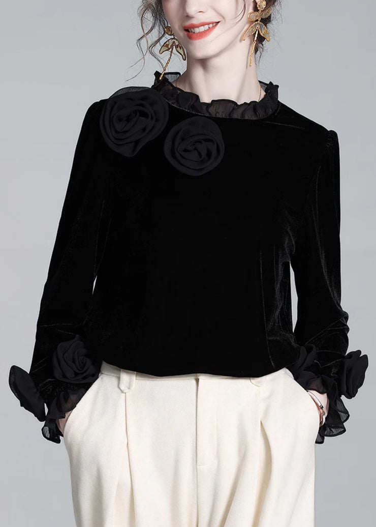 Floral Black Ruffled Solid Silk Velour T Shirt Winter