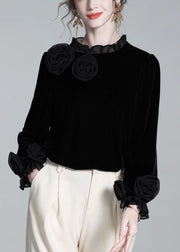 Floral Black Ruffled Solid Silk Velour T Shirt Winter