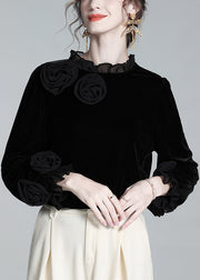 Floral Black Ruffled Solid Silk Velour T Shirt Winter