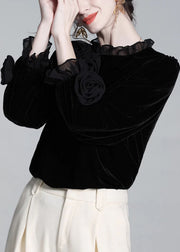 Floral Black Ruffled Solid Silk Velour T Shirt Winter