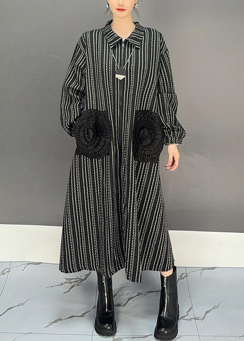 Floral Black Zippered Striped Cotton Long Dress Spring