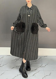 Floral Black Zippered Striped Cotton Long Dress Spring