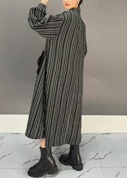 Floral Black Zippered Striped Cotton Long Dress Fall