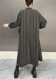 Floral Black Zippered Striped Cotton Long Dress Fall