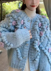 Floral Blue O Neck Button Cozy Knit Coat Spring