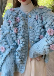 Floral Blue O Neck Button Cozy Knit Coat Winter