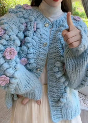 Floral Blue O Neck Button Cozy Knit Coat Spring