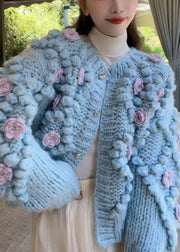 Floral Blue O Neck Button Cozy Knit Coat Winter