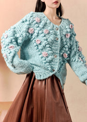 Floral Blue O Neck Button Knit Cardigan Winter