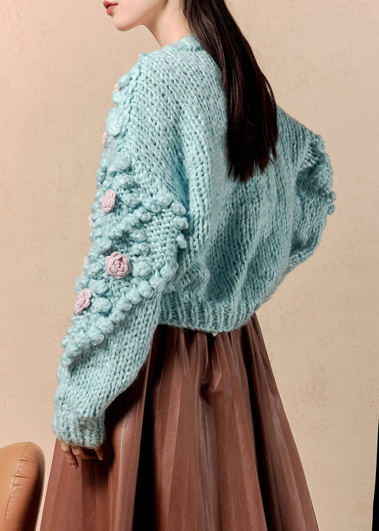 Floral Blue O Neck Button Knit Cardigan Winter