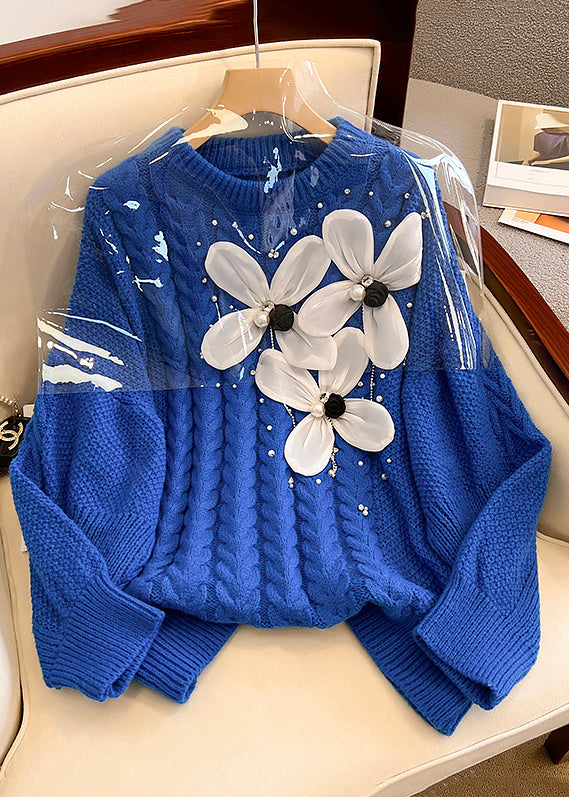 Floral Blue O Neck Nail Bead Knit Sweater Spring