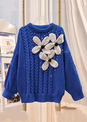 Floral Blue O Neck Nail Bead Knit Sweater Spring